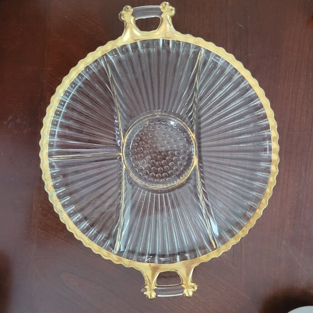 Vintage Glass Divided Serving Tray With Gold Trim Round 11 Inches Elegant Party